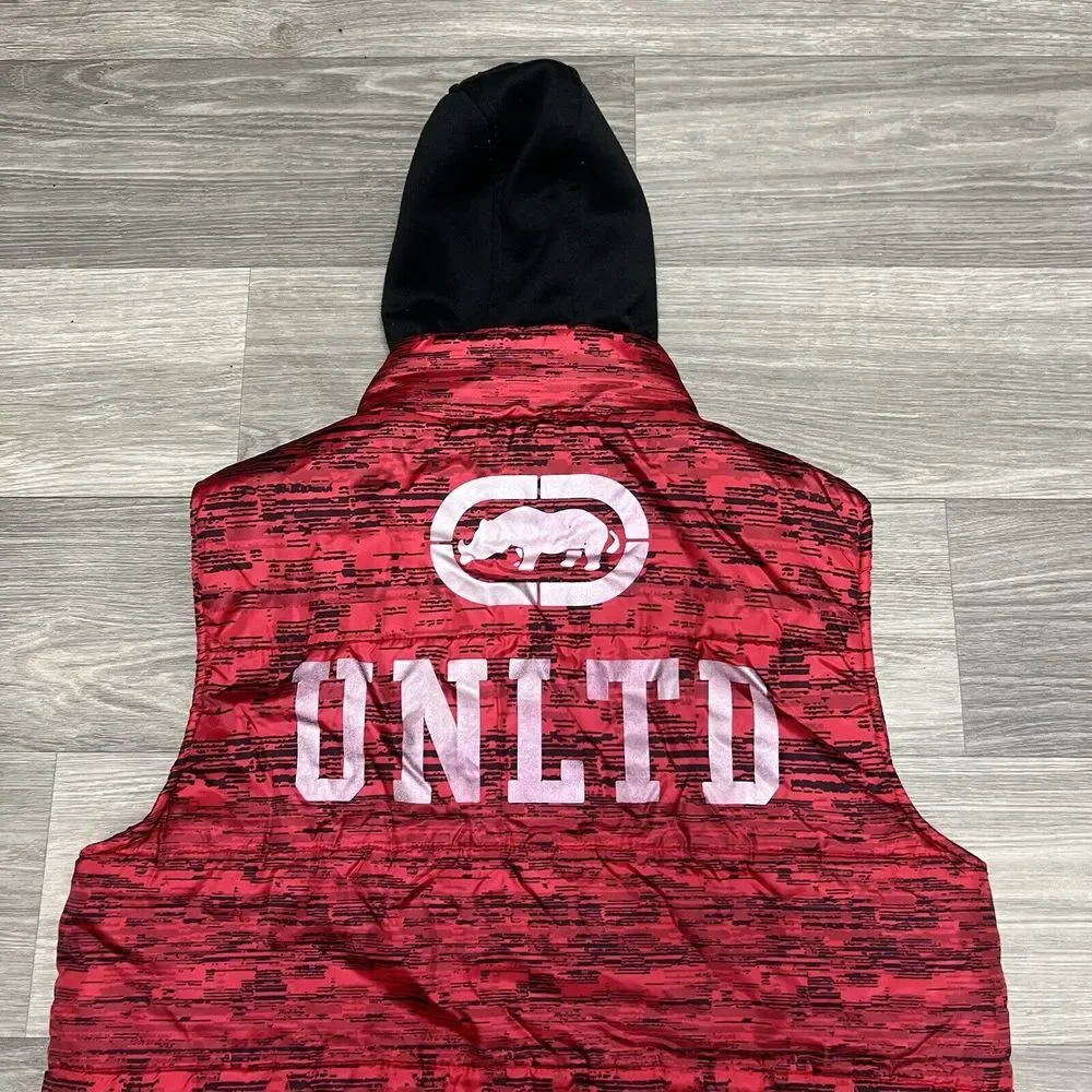 Vintage Y2K Ecko Unltd Puffer Hoodie Vest Mens Large‎ Red Tiger Camo Black Skate
